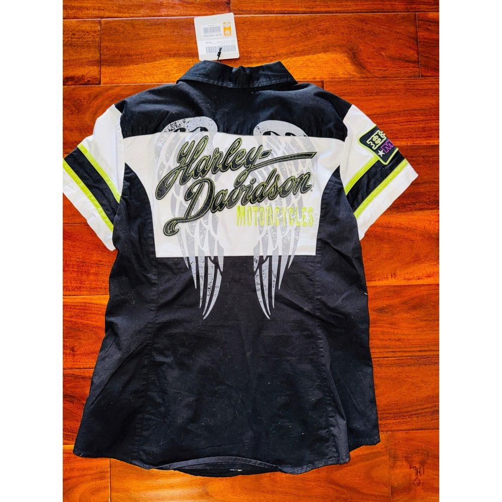 Harley-Davidson Zip Up Shirt Womens Medium Black Neon New Biker Racing Top - Picture 3 of 3